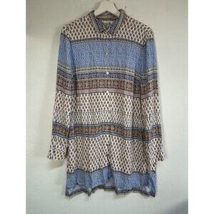 J. Jill Womens Long-Sleeve Button-Down Shirt Tunic Top Medium Brown Damask Print